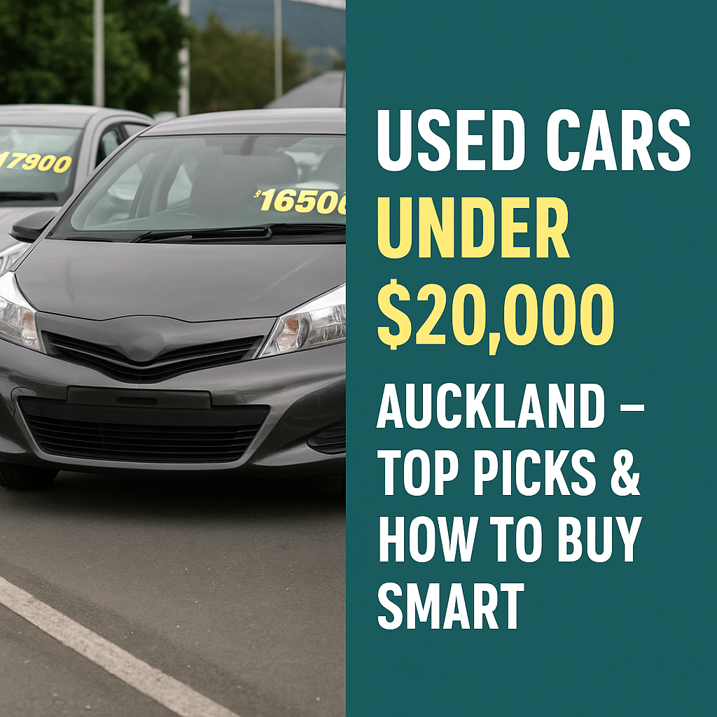 Used cars under $20,000 in Auckland – front view of two used cars in dealership lot with price tags.