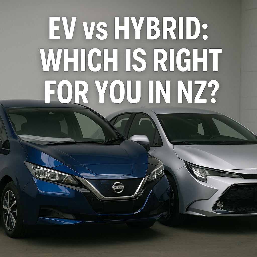 A hybrid car plugged in at a charging station vs a petrol car, set in New Zealand landscape, side‑by‑side comparison.