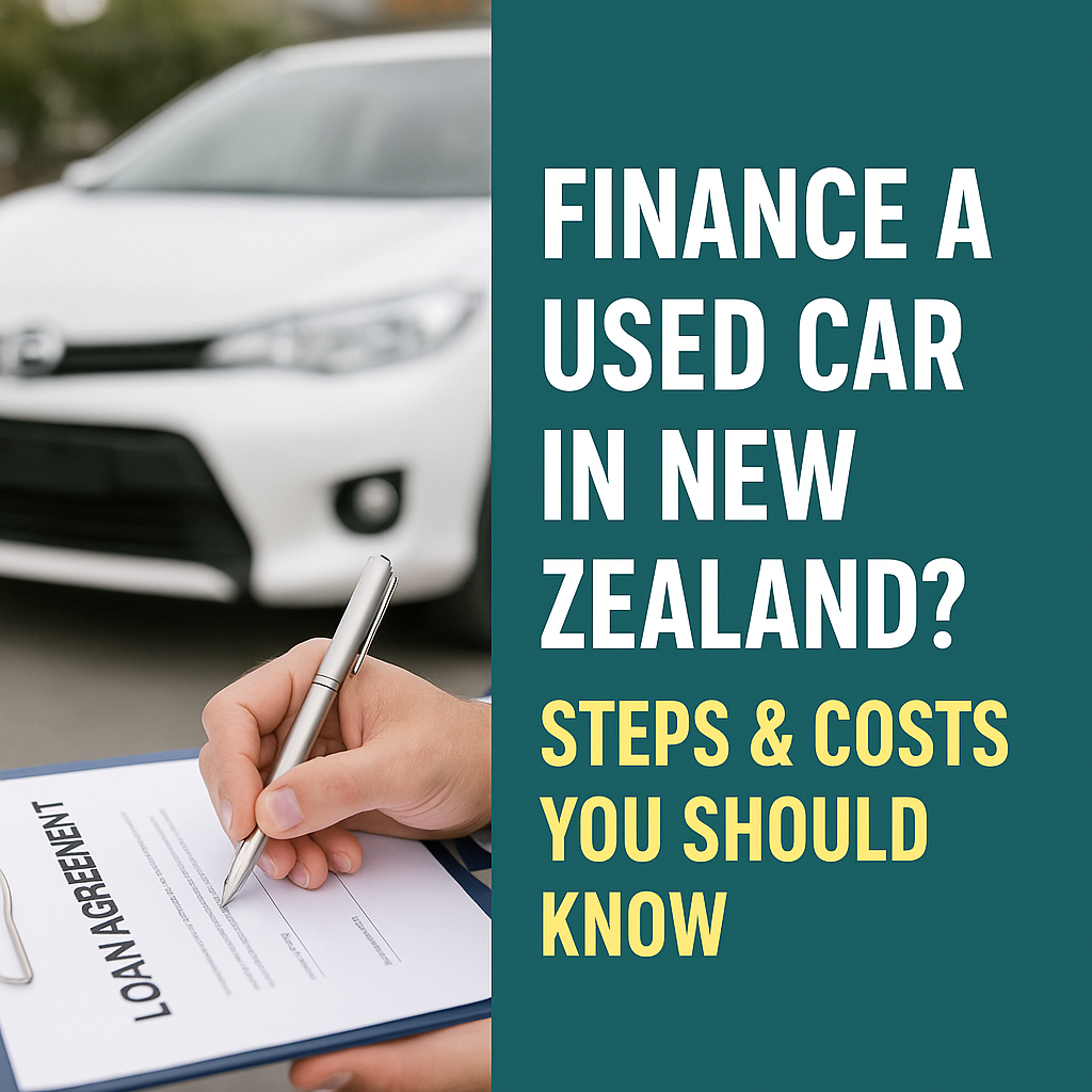 Person reviewing car loan documents with a used car visible through a window and calculator on the table