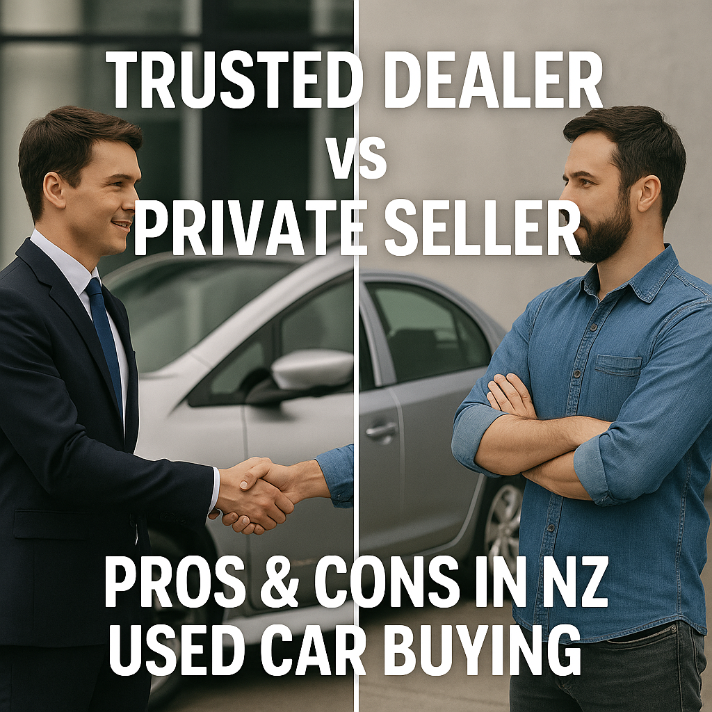 Comparison of a used car being sold by a dealer (sign “Dealer”) versus private seller in driveway; handshake, paperwork visible.